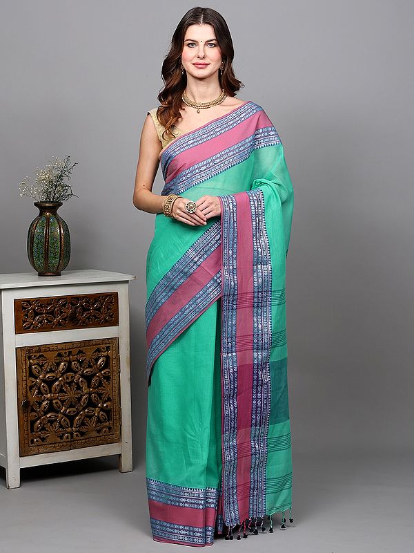 Ice-Green Tangail Saree from Bengal with Woven Fish Wide Border and Stripe Pallu