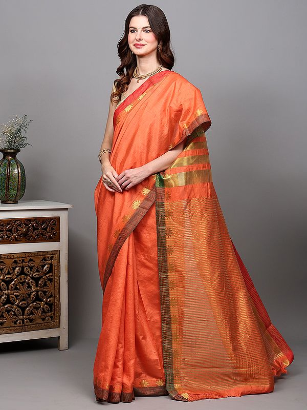 Peach-Pink Art Silk Saree with Zari Woven Lotus Border and Striped Pallu from Chennai