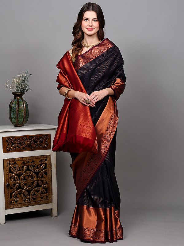 Dark-Blue Stripes Saree with All-Over Copper Colored Thread Weave and Peacock-Elephant Border from Bangalore
