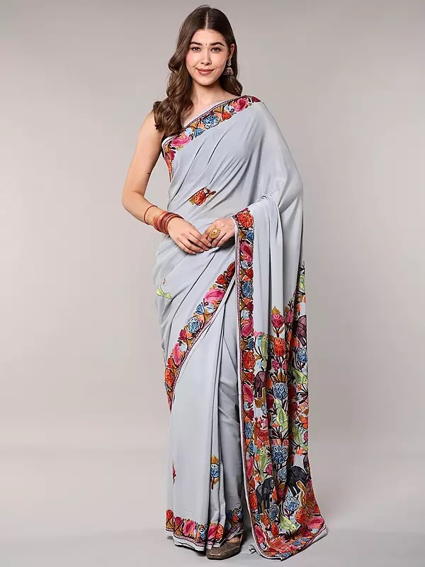 Saree from Kashmir with Aari Embroidered Jungle Scene in Multicolor Thread