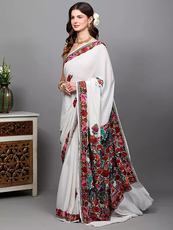 Star-White Saree from Kashmir with Aari Embroidered Jungle Scene in Multicolor Thread