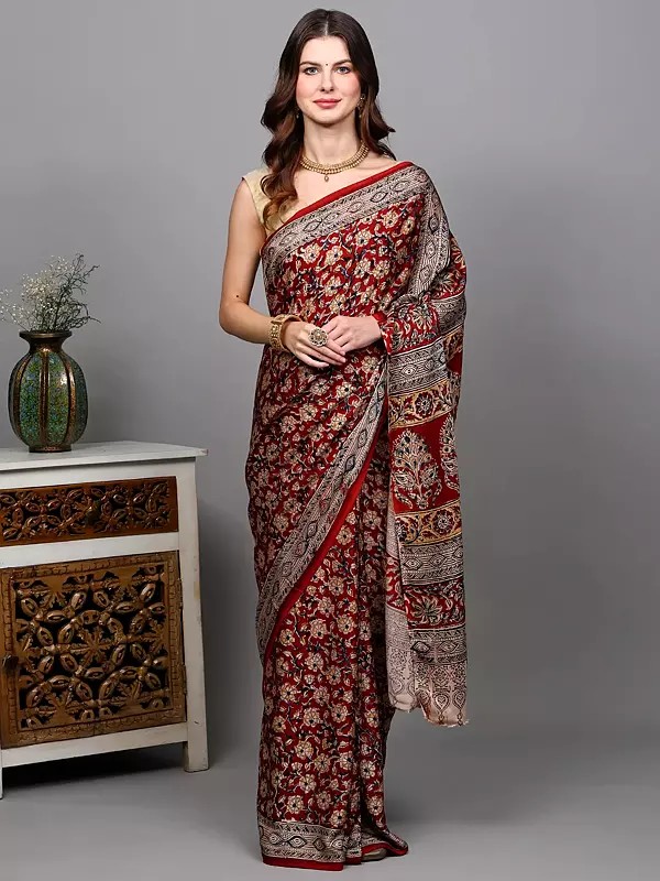 Scarlet-Sage Kalamkari Saree from Telangana with All-Over Printed Floral Jaal