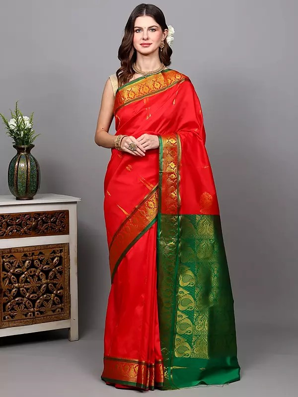 Art Silk Saree with Golden Thread woven Bootis and Temple Border from Banaras