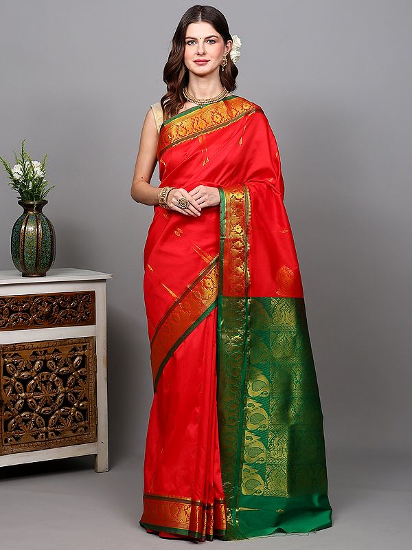True-Red Banarasi Saree with Golden Thread woven Bootis and Temple Border