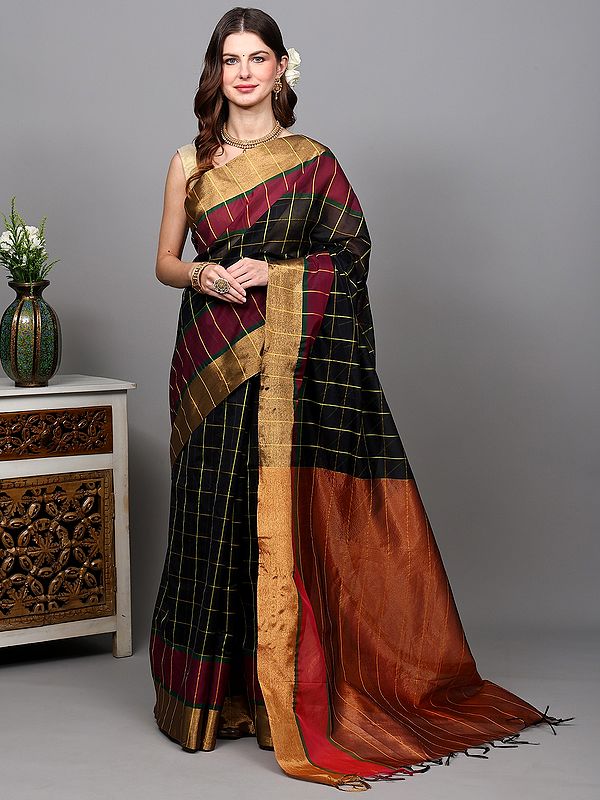 Black-Onyx Saree from Bangalore with Woven Checks All-over and Zari Border