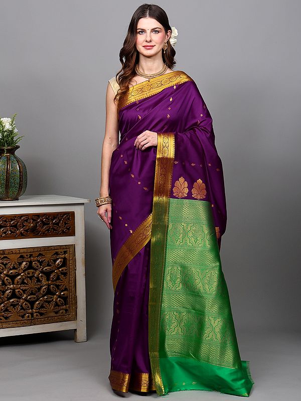 Sparkling-Grape Art Silk Saree with Zari Woven Bootis and Floral Vine Border from Banaras