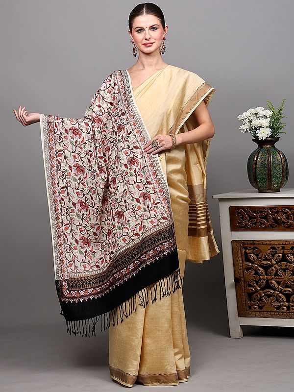 Wool Stole with Intricate Aari Embroidered Floral Vine and Contrast Palla from Amritsar