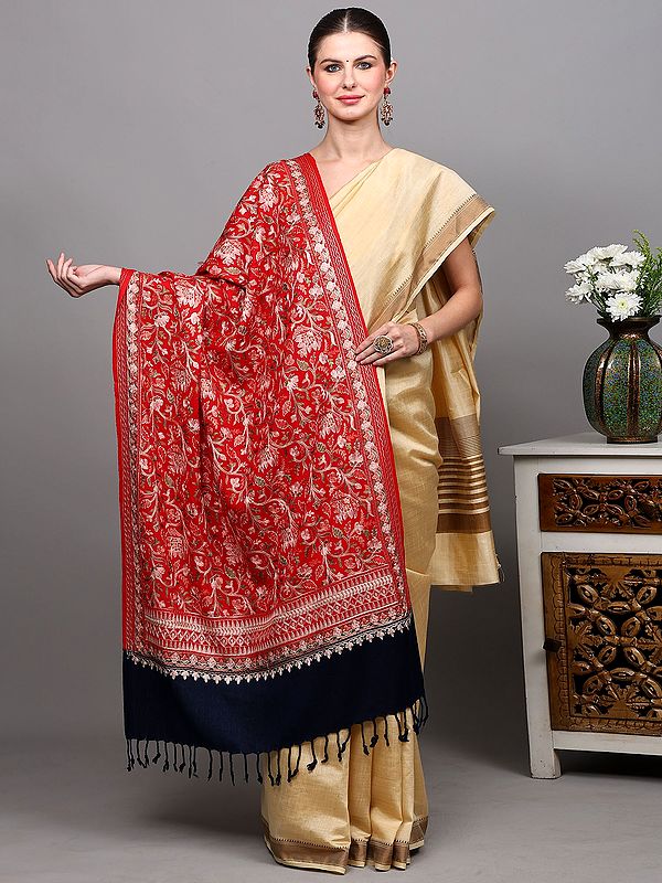 Wool Stole with Intricate Aari Embroidered Floral Vine and Contrast Palla from Amritsar