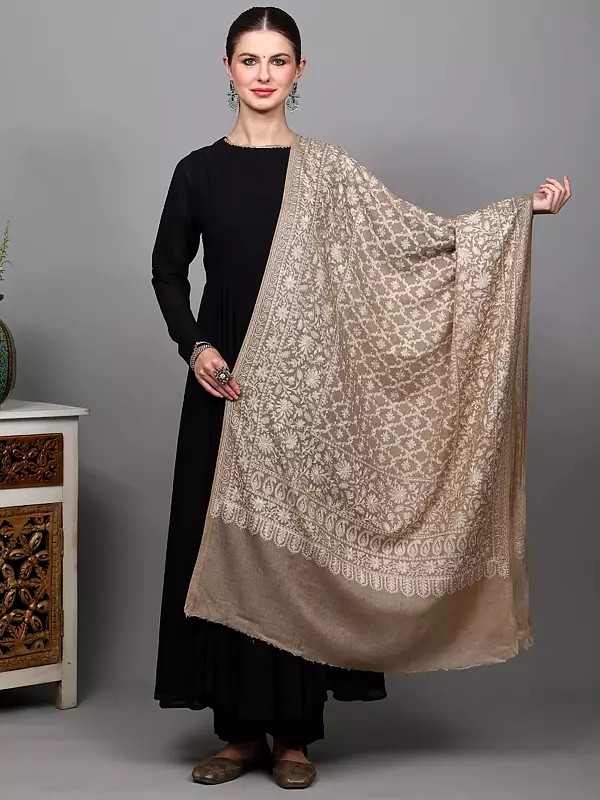 Wool Stole with Chain Stitch Thread Embroidered Floral Jaal from Amritsar