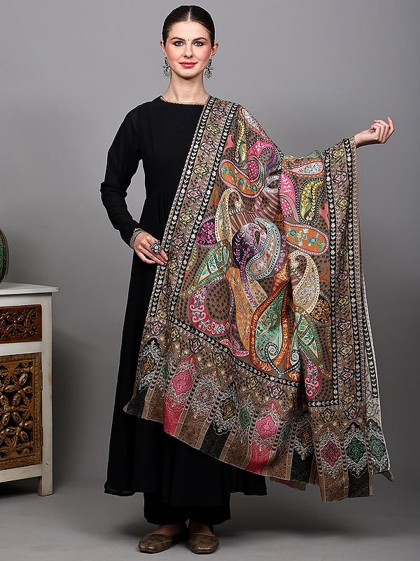 Multicolor Kalamkari Shawl with Aari Embroidery and Giant Paisley Motifs from Amritsar