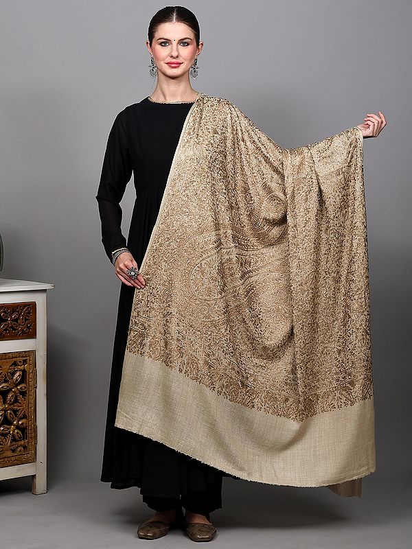 Shawl with Intricate Thread Embroidered Paisleys and Floral Leaves All-Over