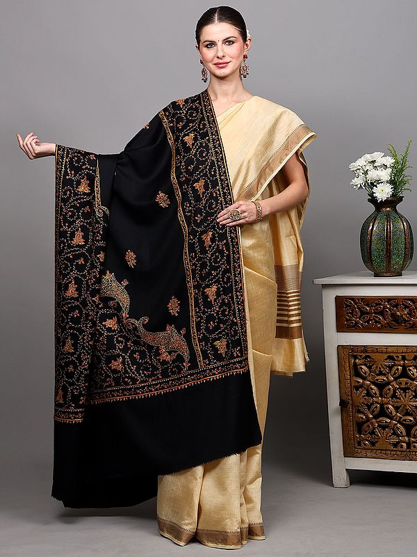 Black-Sand Wool Shawl with Sozni Embroidered Flowers and Paisleys