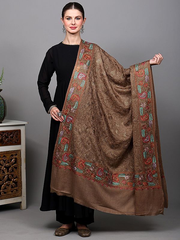 Ginger-Snap Diamond Weave Shawl with Golden Thread Embroidered Flowers