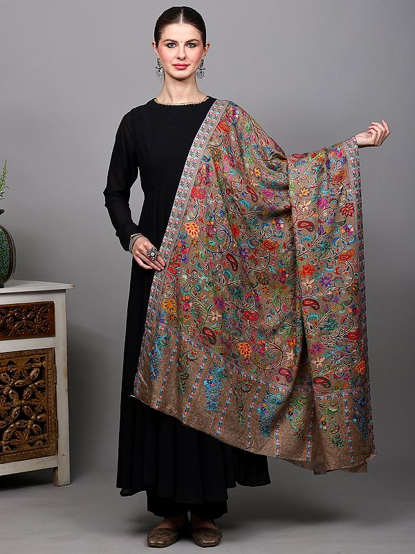 Light-Taupe Kalamkari Embroidered Shawl with Multicolor Paisleys-Flowers Motifs from Amritsar