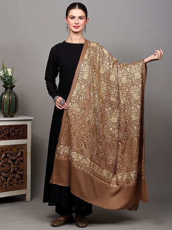 Irish-Cream Aari Embroidered Shawl with Paisleys-Flowers Pattern and Diamond Weave