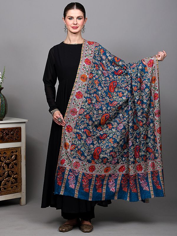 Lyons-Blue Kalamkari Embroidered Shawl with Floral Paisleys Vine from Amritsar