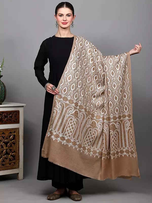 Diamond Weave Shawl with Aari Embroidered Floral Quatrefoil Patterns