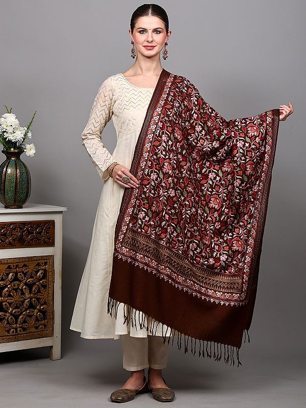 Signal-Brown Stole with Chain Stitch Embroidered Floral Vine in Multicolor from Amritsar