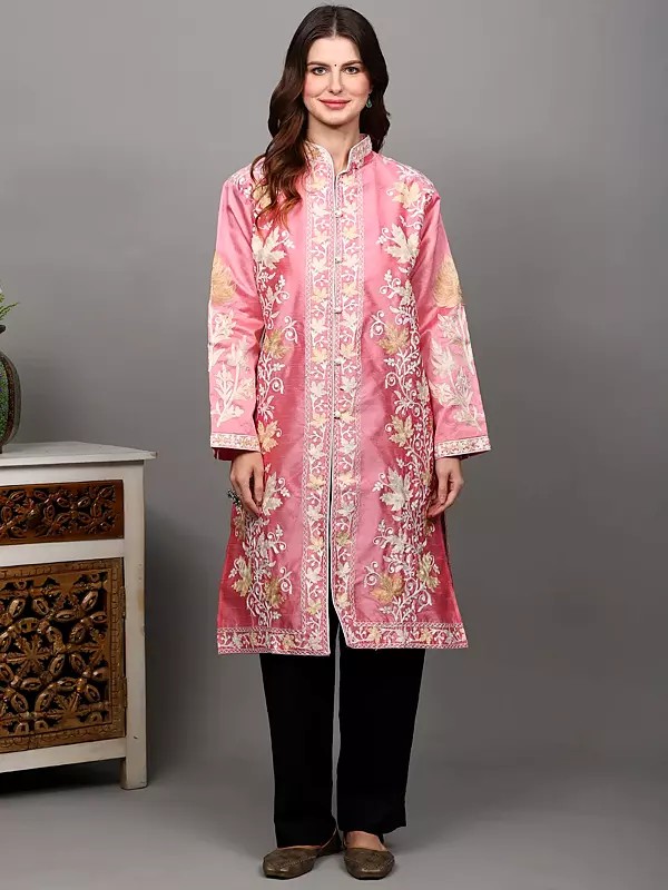Tickled-Pink Kashmiri Long Jacket with Aari Embroidered Maple Leaves