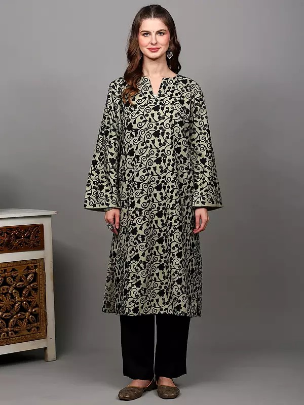 Wool Phiran from Kashmir with Aari Embroidered Sprig Vines All-Over and Side Pockets