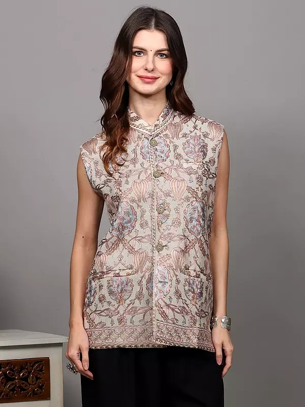 Sleeveless Short Jacket with Chain Stitch Thread Embroidered Flowers in Multicolor and Front Pockets