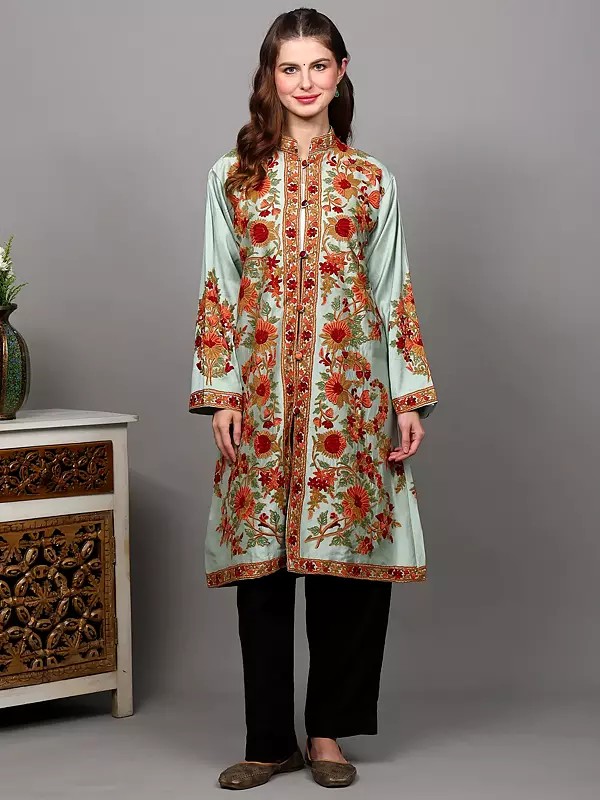 Misty-Jade Pure Silk Long Jacket from Kashmir with Aari Embroidered Flowers by Hand