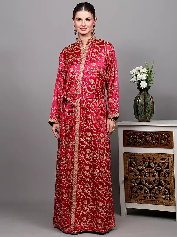 Pink-Yarrow Robe with Aari Embroidered Floral Jaal All-Over and Waist Belt