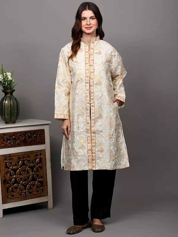 Solitary-Star Long Jacket from Kashmir with Aari Embroidered Floral Vines and Side Pockets
