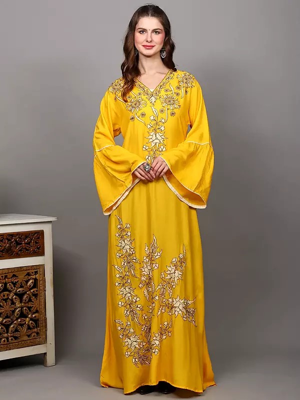 Spectra-Yellow Flute Sleeves Kashmiri Gown with Aari Embroidered Flowers