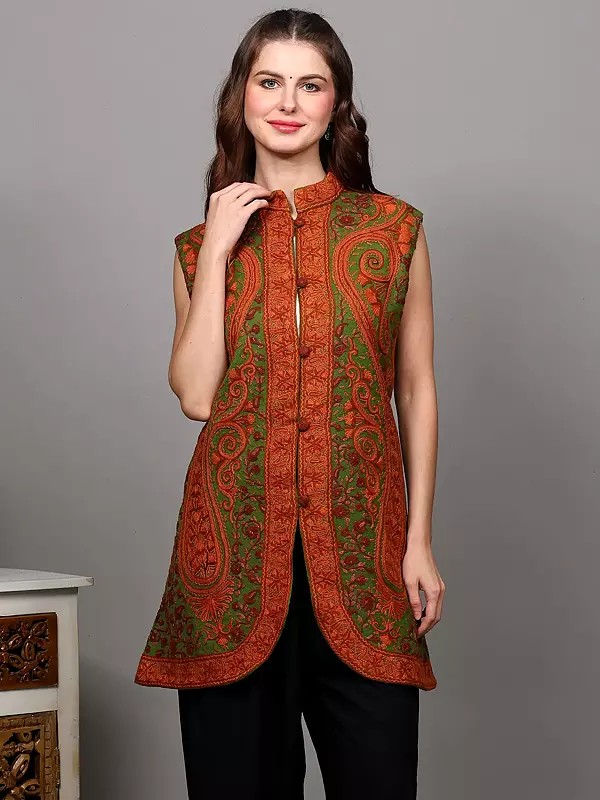 Turf-Green Pure Wool Sleeveless Jacket with Aari Embroidered Paisleys from Kashmir