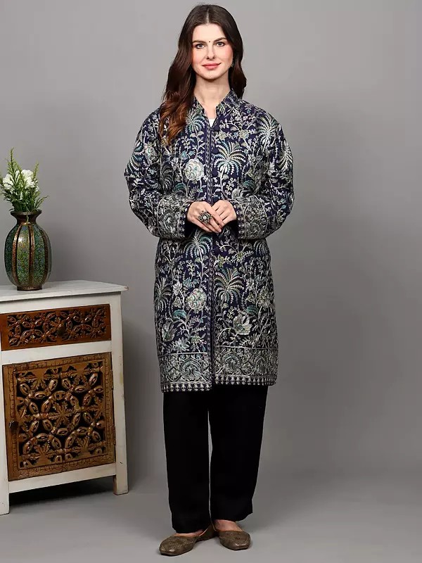 Pure Wool Long Jacket with All-Over Intricate Embroidered Flowers in Multicolor Threads