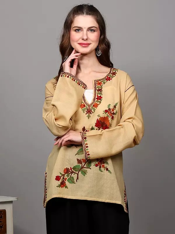 Banana-Crepe Pure Wool Short Kurti with Aari Embroidered Flowers from Kahsmir