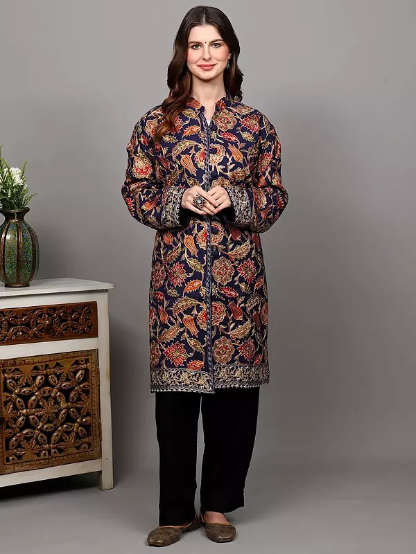 Estate-Blue Pure Wool Long Jacket with Dense Floral Embroidery in Multicolor Threads