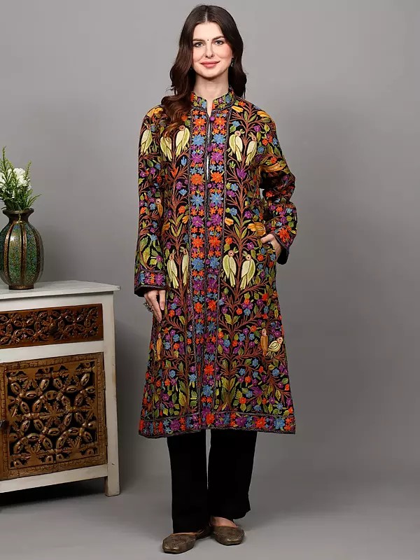 Jet-Black Pure Wool Long Jacket with Aari Embroidered Birds on Tree Branch from Kashmir