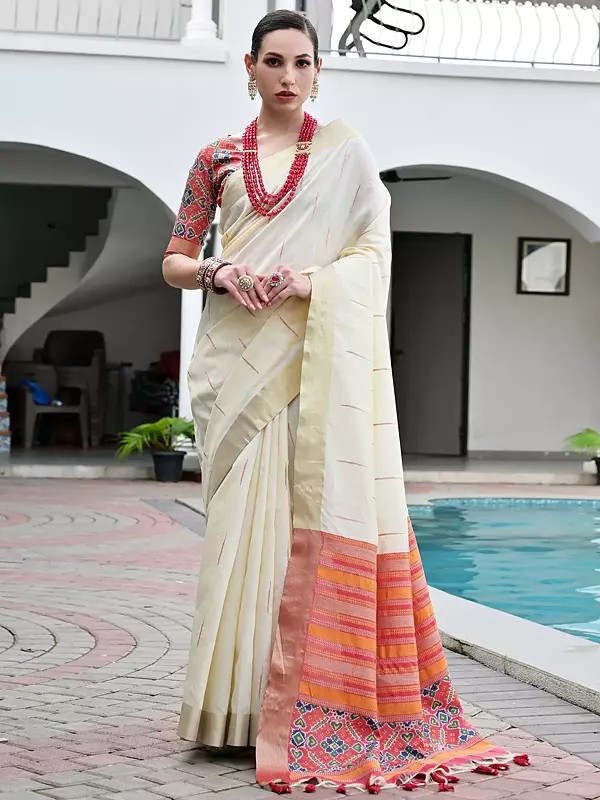 Handwoven Raw Silk Patola Saree With Meenakari Pallu And Zari Border