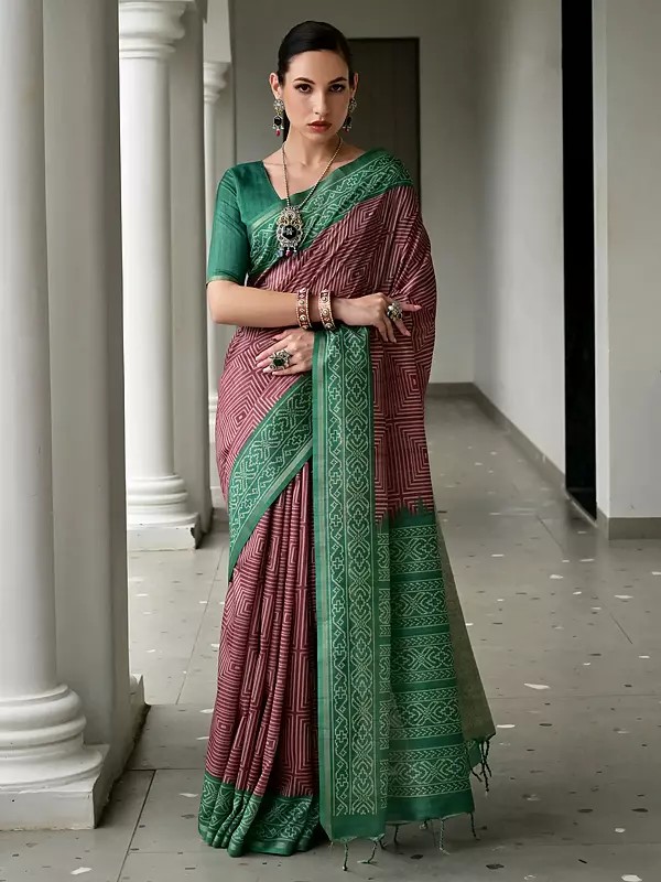 Women Soft Tussar Silk Saree With Ikkat Pallu And Border