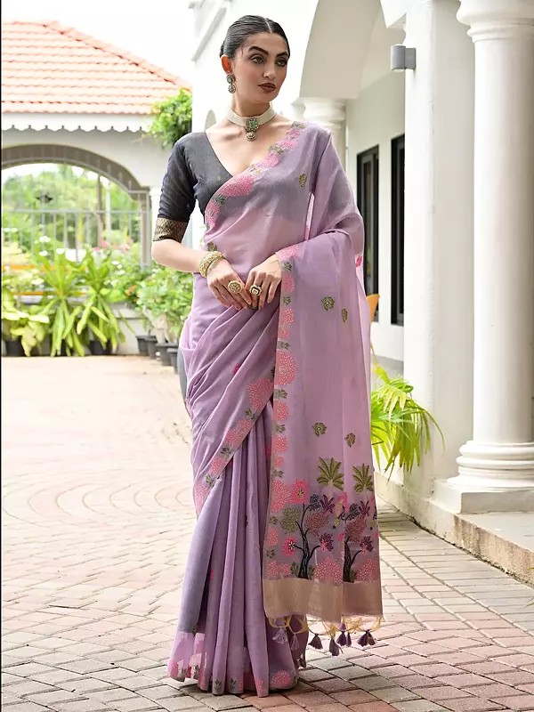 Muga Cotton Saree With Thread Woven Floral Design And Contrast Blouse