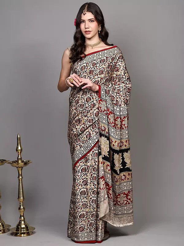 Solitary-Star Modal Silk Kalamkari Saree with Printed Floral Jaal Pattern from Telangana