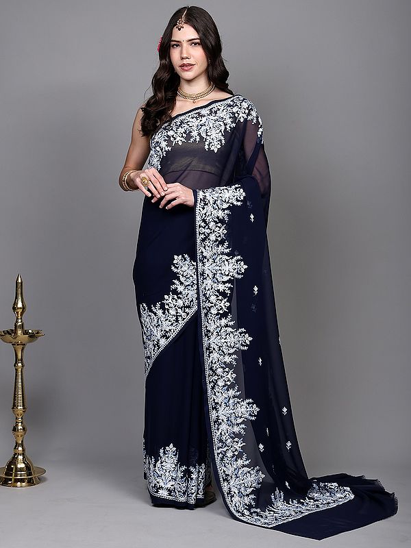Georgette Saree with Chain Stitch Aari Embroidered Floral Border from Kashmir