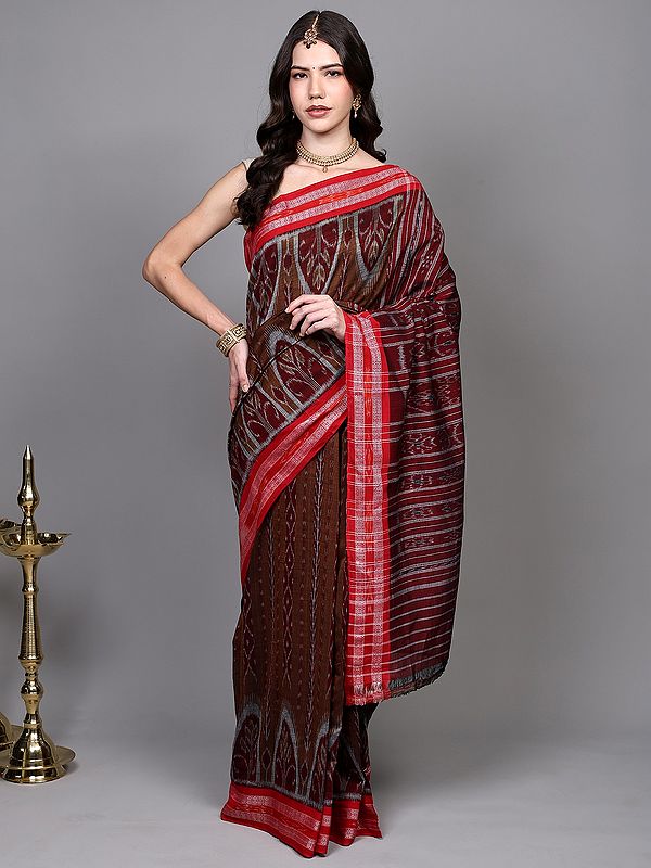 Glazed-Ginger Ikat Saree with Woven Contrast Rudraksha Boder from Sambhalpur
