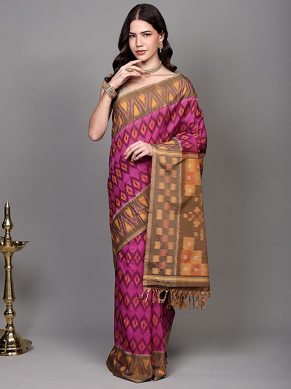Phlox-Pink Pure Cotton Ikat Woven Saree with Contrast Temple Border from Coimbatore