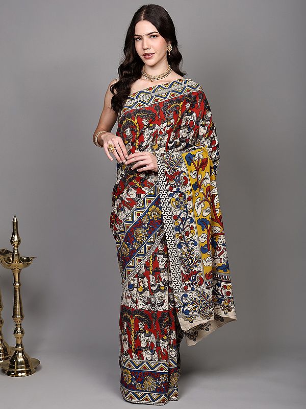 Mars-Red Pure Cotton Kalamkari Saree with Printed Nandi Ox and Peacock Pallu from Telangana