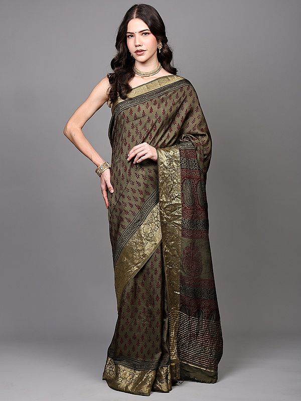 Burnt-Olive Bootis Printed Dola Silk Saree with Paisleys Pallu and Golden Border