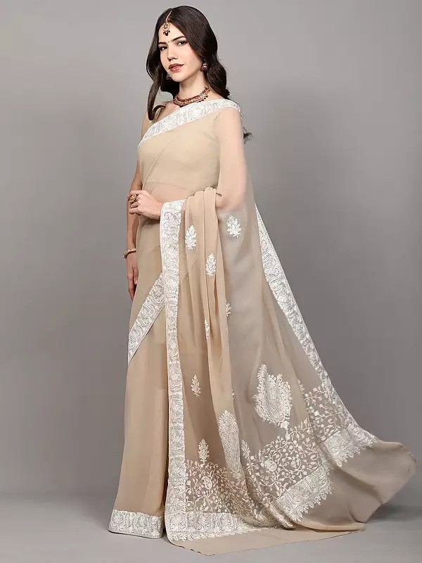 Volcanic-Glass Kashmiri Saree with Aari Embroidered Paisleys and Flowers Border-Pallu