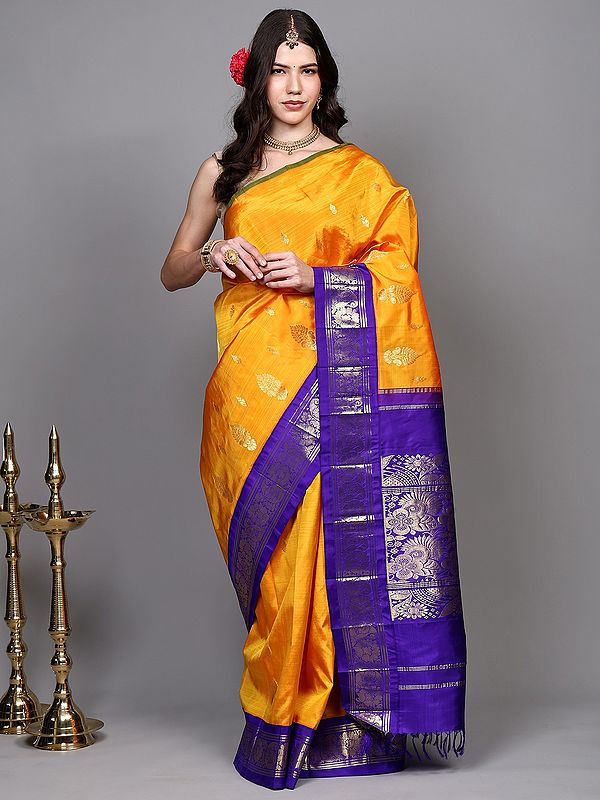 Cadmium-Yellow Pure Silk Saree from Kumbakonam with Zari woven Bootis and Paisleys Floral Vine Border