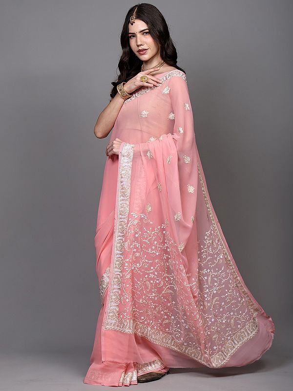 Flamingo-Pink Georgette Saree with Aari Embroidered Paisleys Vine Border and Anchal from Kashmir