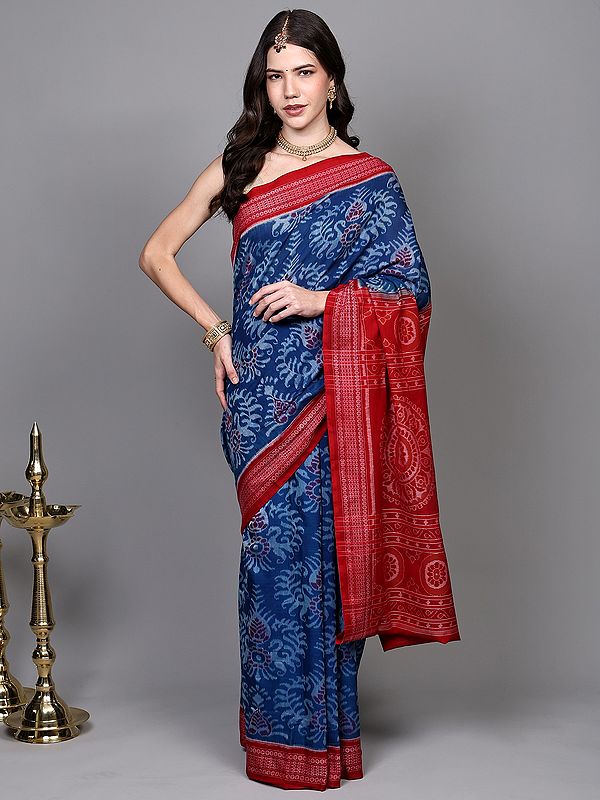 Federal-Blue Ikat Handloom Pure Cotton Saree with Woven Pair of Peacocks and Rudraksha Border from Sambhalpur
