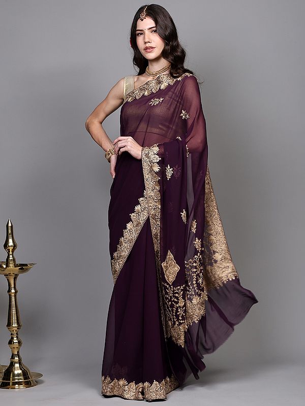 Deep-Purple Georgette Saree from Kashmir with Aari Embroidered Floral Paisleys Border and Pallu