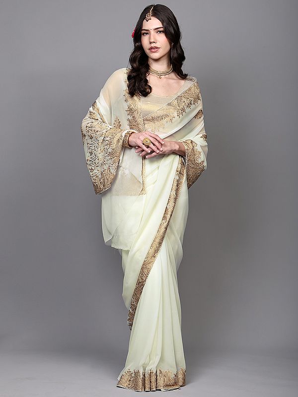 Cannoli-Cream Georgette Saree with Chain Stitch Thread Embroidered Paisleys Border from Kashmir