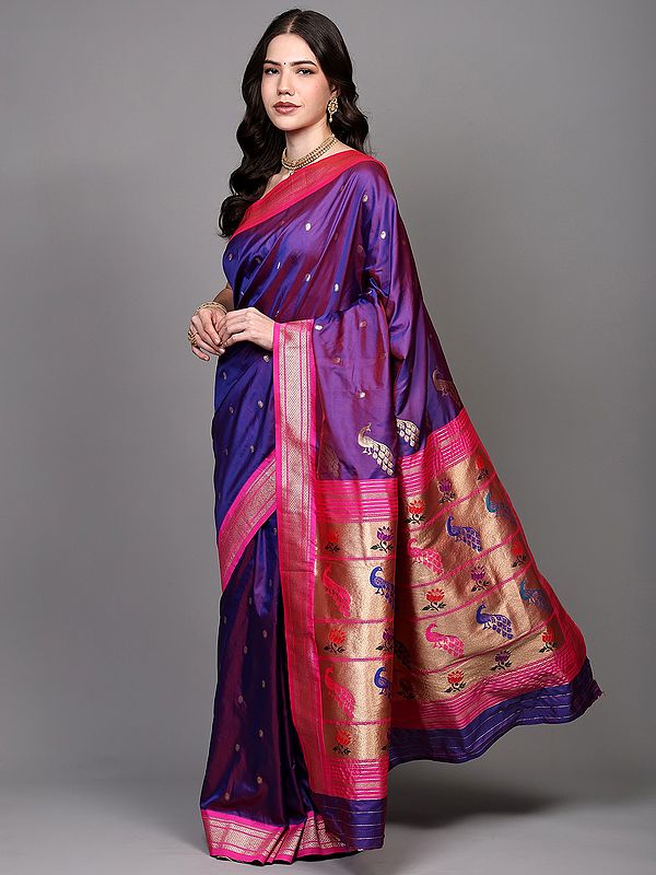 Royal-Purple Paithani Saree with Zari woven Paisley Bootis and Peacocks on Anchal